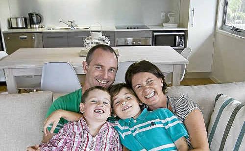 Brisbane family Sophie and David Griffiths with their sons Huw, 4, and Max, 7, happy in their Casuarina Beach Shack. Brisbane family Sophie and David Griffiths with their sons Huw, 4, and Max, 7, happy in their Casuarina Beach Shack.